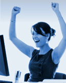 The picture depicts an employee celebrating after a successful global relocation.